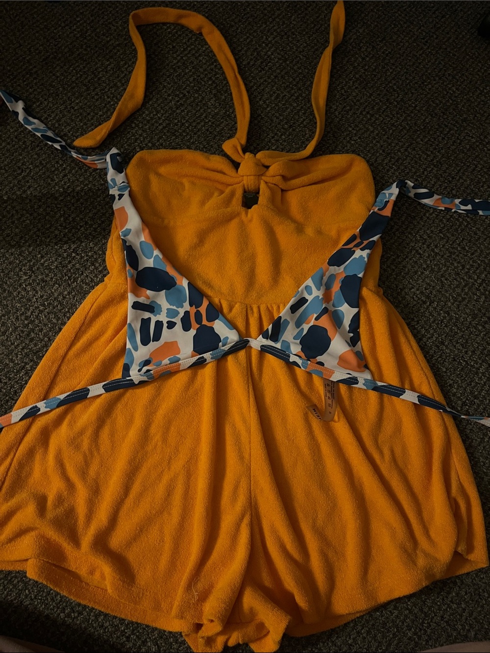 Orange Halter Romper cover up with Blue & Orange Abstract Bikini Top